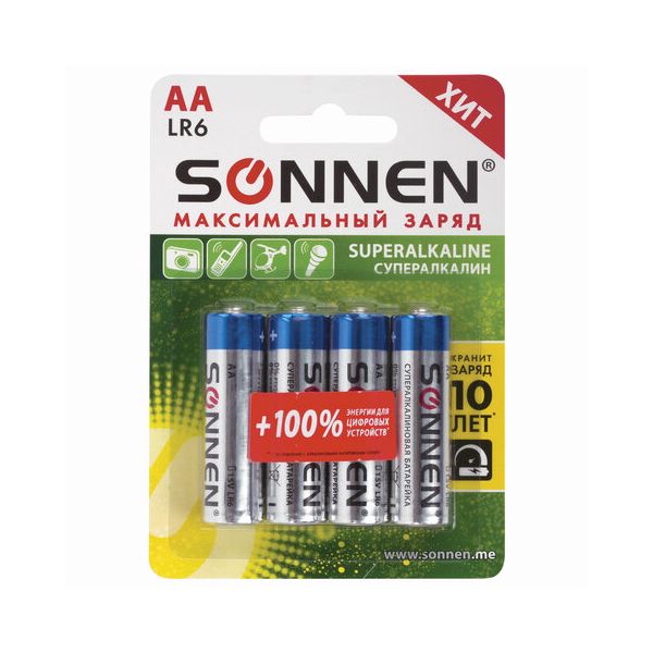 Батарейка SONNEN Super Alkaline, АА (LR06, 15А), алкалиновые, 4шт., в блистере, 451094
Батарейка SONNEN Super Alkaline, АА (LR06, 15А), алкалиновые, 4шт., в блистере, 451094