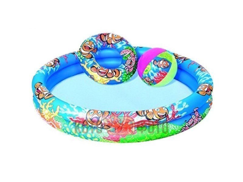 Набор Bestway 51124 : детский круглый бассейн, 137 л + круг для плавания + пляжный мяч
