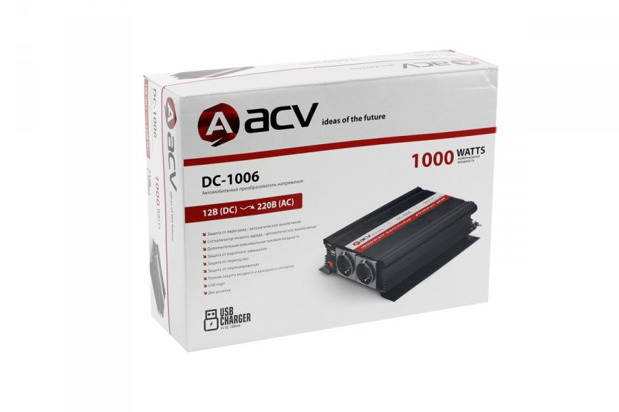 Преобразователь напряжения ACV DC-1006 1000Вт 12В->220 /USB-зарядка