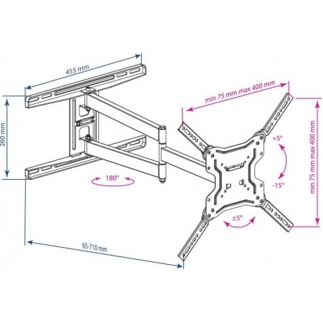 Кронштейн для телевизора Kromax DIX-19 черный 22"-65" макс.45кг настенный поворотно-выдвижной и наклонный - фото 2