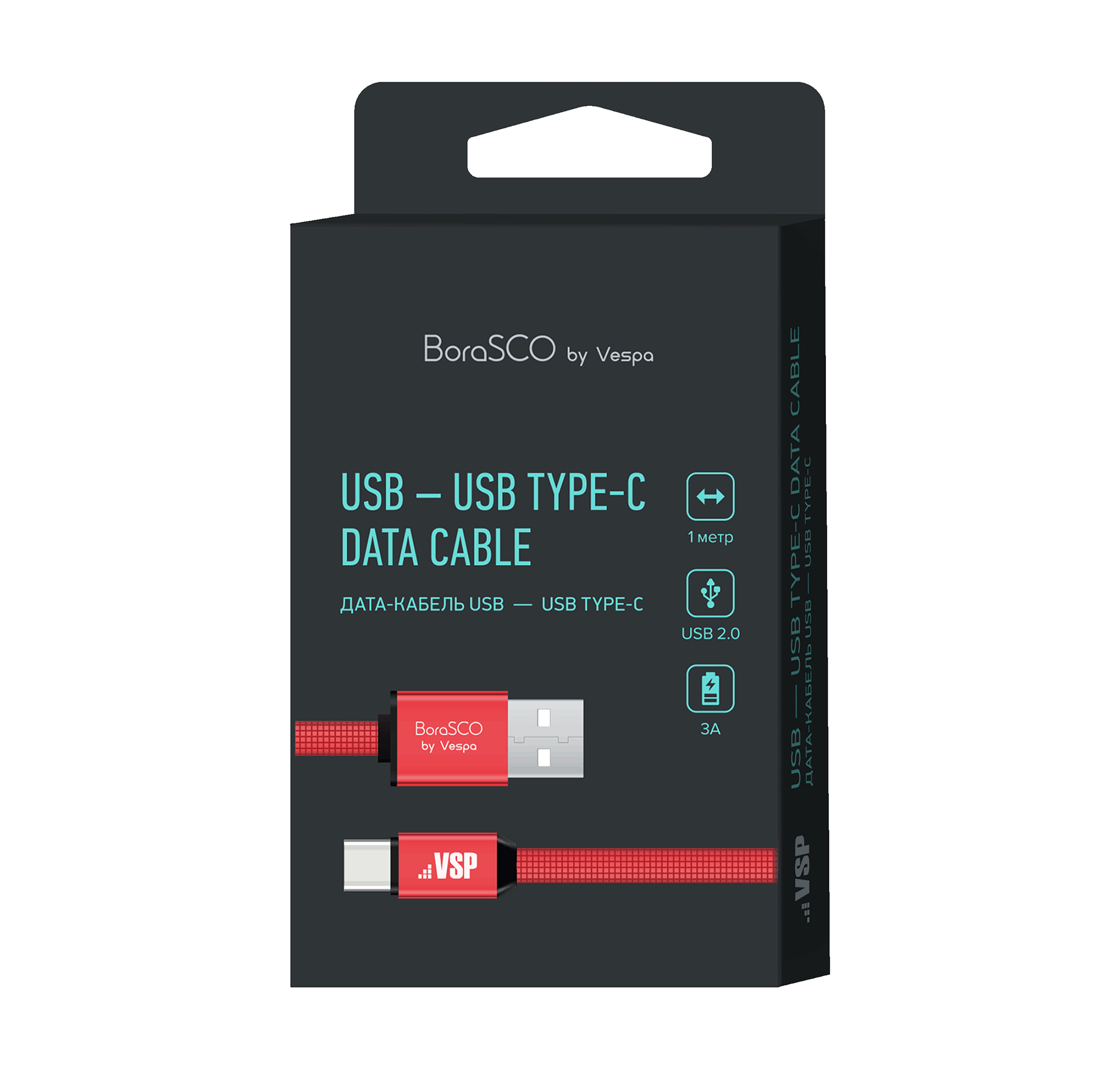 Кабель BoraSCO USB - Type-C, 3А, 1м, металл, в нейлоновой оплетке, плоский, красный 34416 - фото 1