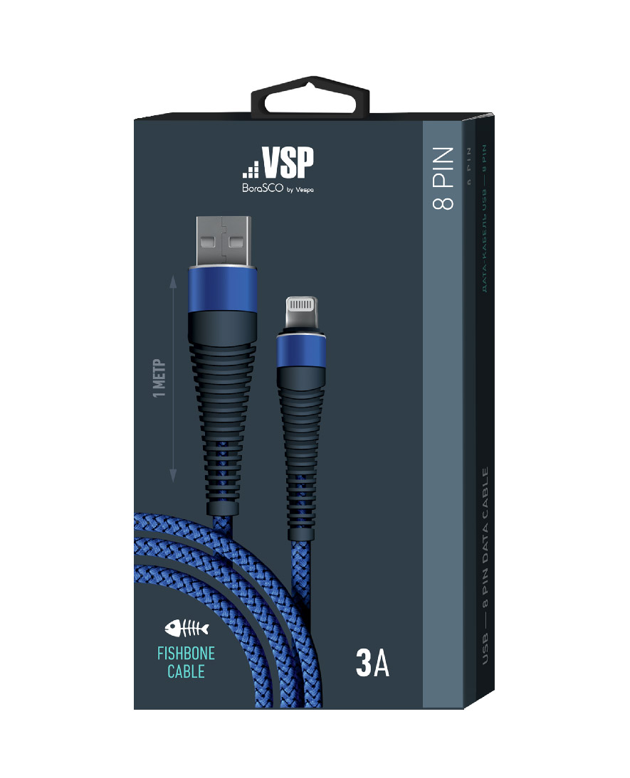 Кабель BoraSCO Fishbone USB - 8 pin, 3А, 1м, темно-синий, кабель borasco fishbone usb micro usb 3а 1м темно синий