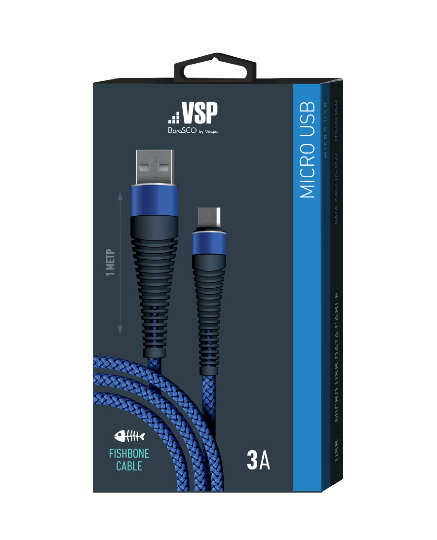 Кабель BoraSCO Fishbone USB - micro USB, 3А, 1м, темно-синий, кабель borasco fishbone usb micro usb 3а 1м spaсe grey
