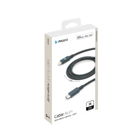 Дата-кабель Deppa USB-C - Lightning, MFI, алюминий/нейлон, 3A, 1.2м, графит 72320 - фото 4