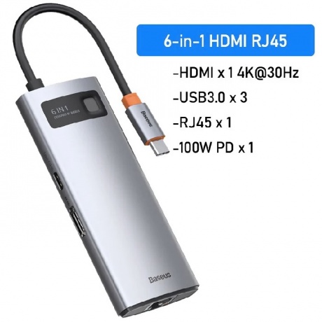 USB-концентратор Baseus Metal Gleam Series 6-in-1 Multifunctional Type-C HUB Docking Station Grey CAHUB-CW0G - фото 6