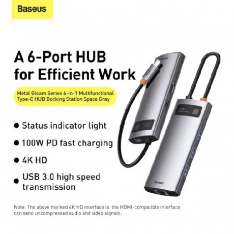USB-концентратор Baseus Metal Gleam Series 6-in-1 Multifunctional Type-C HUB Docking Station Grey CAHUB-CW0G - фото 7
