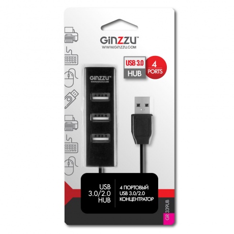 USB-концентратор Ginzzu GR-339UB USB - USB 3.0/3xUSB 2.0 4 ports Black 13469 - фото 2