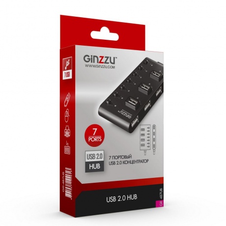 USB-концентратор Ginzzu GR-487UB USB - USB 2.0 7 ports Black 14175 - фото 2