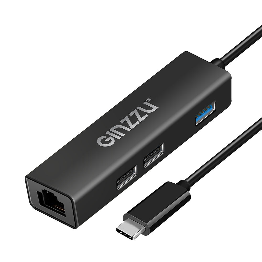 Адаптер Ginzzu GR-762UB USB Type-C - USB 3.0/2xUSB 2.0/RJ45 Black 17425