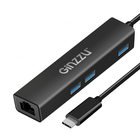 USB-концентратор Ginzzu GR-765UB USB Type-C - 3xUSB 3.0/RJ45 Black 17426 - фото 1