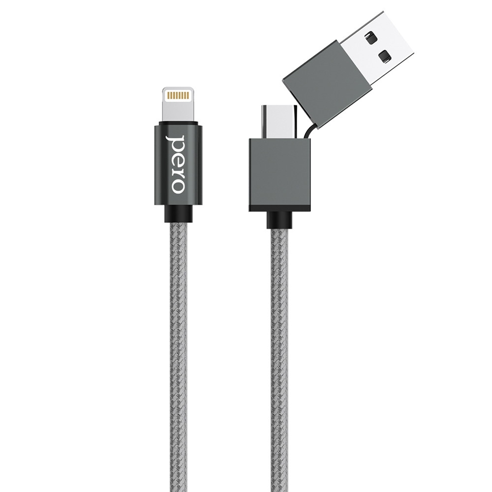Дата-кабель PERO DC-07 UNIVERSAL 2 in 1, USB-A + PD to Lightning, 1m, Silver