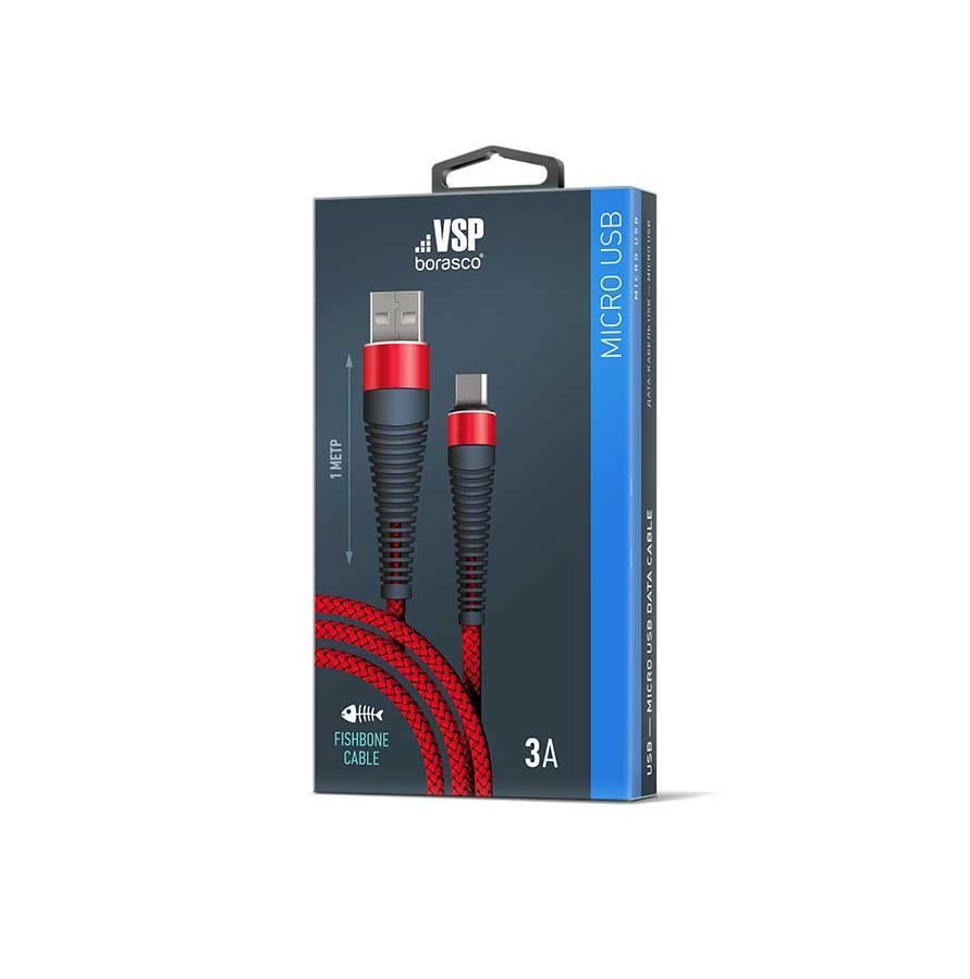 Дата-кабель Fishbone USB - micro USB, 3А, 1м, красный кабель borasco fishbone usb micro usb 3а 1м темно синий