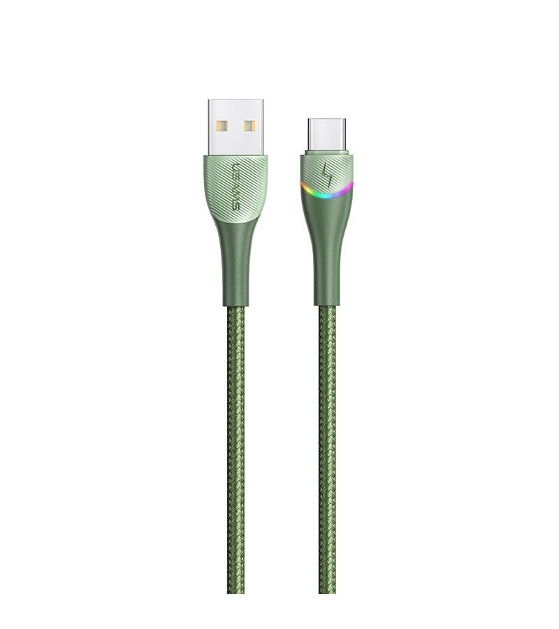 Дата-Кабель USAMS US-SJ542 U77 USB - Type-C, 3А, с подсветкой, нейлоновая оплетка (1,2 m), зеленый (SJ542USB03) дата кабель usams usb type c sj542 3а с подсветкой нейлоновая оплетка синий