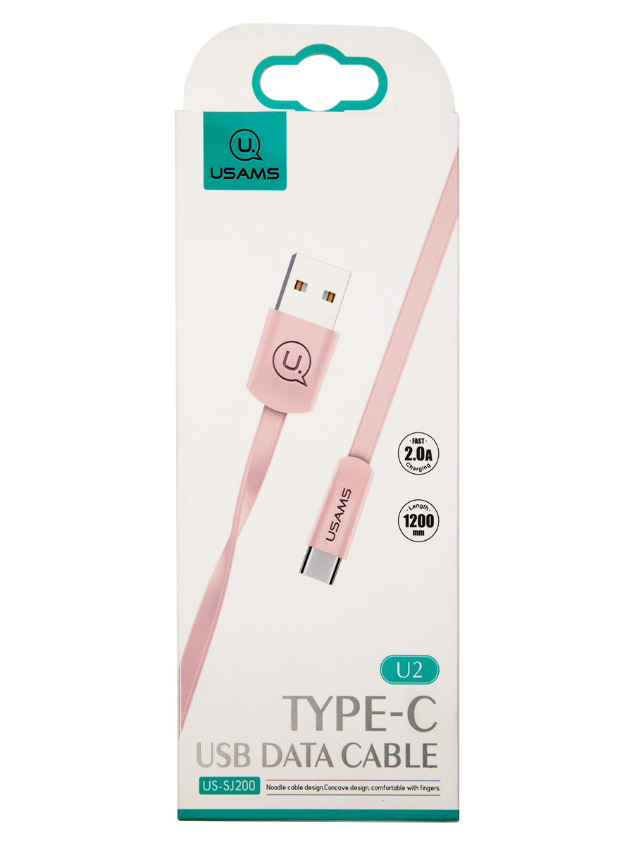 Дата-Кабель USAMS-U2 USB - Type-C, плоский, розовый (SJ200TC05) дата кабель usams u2 usb type c плоский розовый sj200tc05