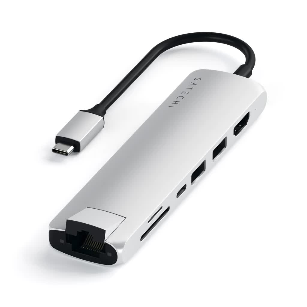 USB-C адаптер Satechi Type-C Slim Multiport with Ethernet Adapter серебристый адаптер satechi usb c hybrid multiport adapter with ssd enclosure grey st uchsem