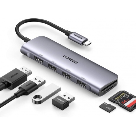 USB-Хаб UGREEN CM195 (70410) USB-C to 3 Ports USB3.0-A Hub + HDMI + TF/SD серый космос - фото 2