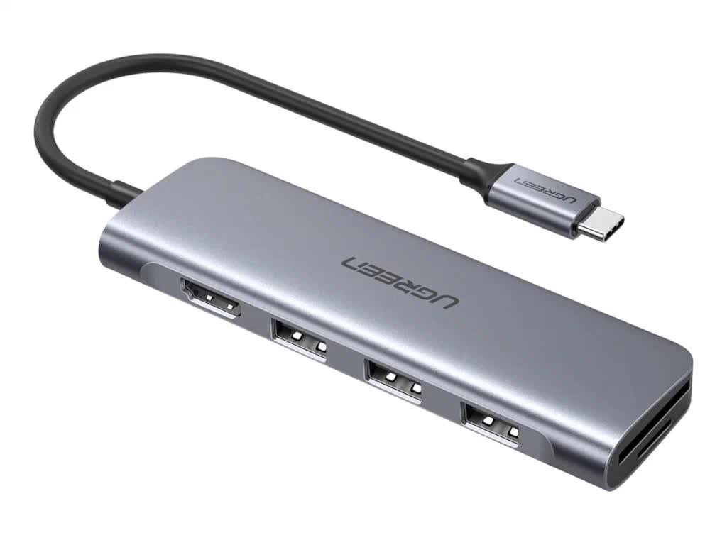 цена USB-Хаб UGREEN CM195 (70410) USB-C to 3 Ports USB3.0-A Hub + HDMI + TF/SD серый космос