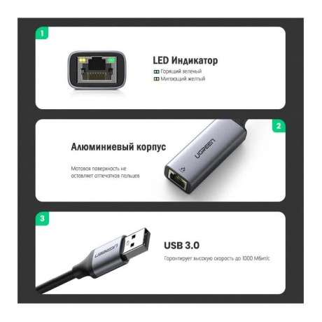 Адаптер UGREEN CM209 (50922) USB to RJ45 Ethernet Adapter Aluminum Case серый космос - фото 6