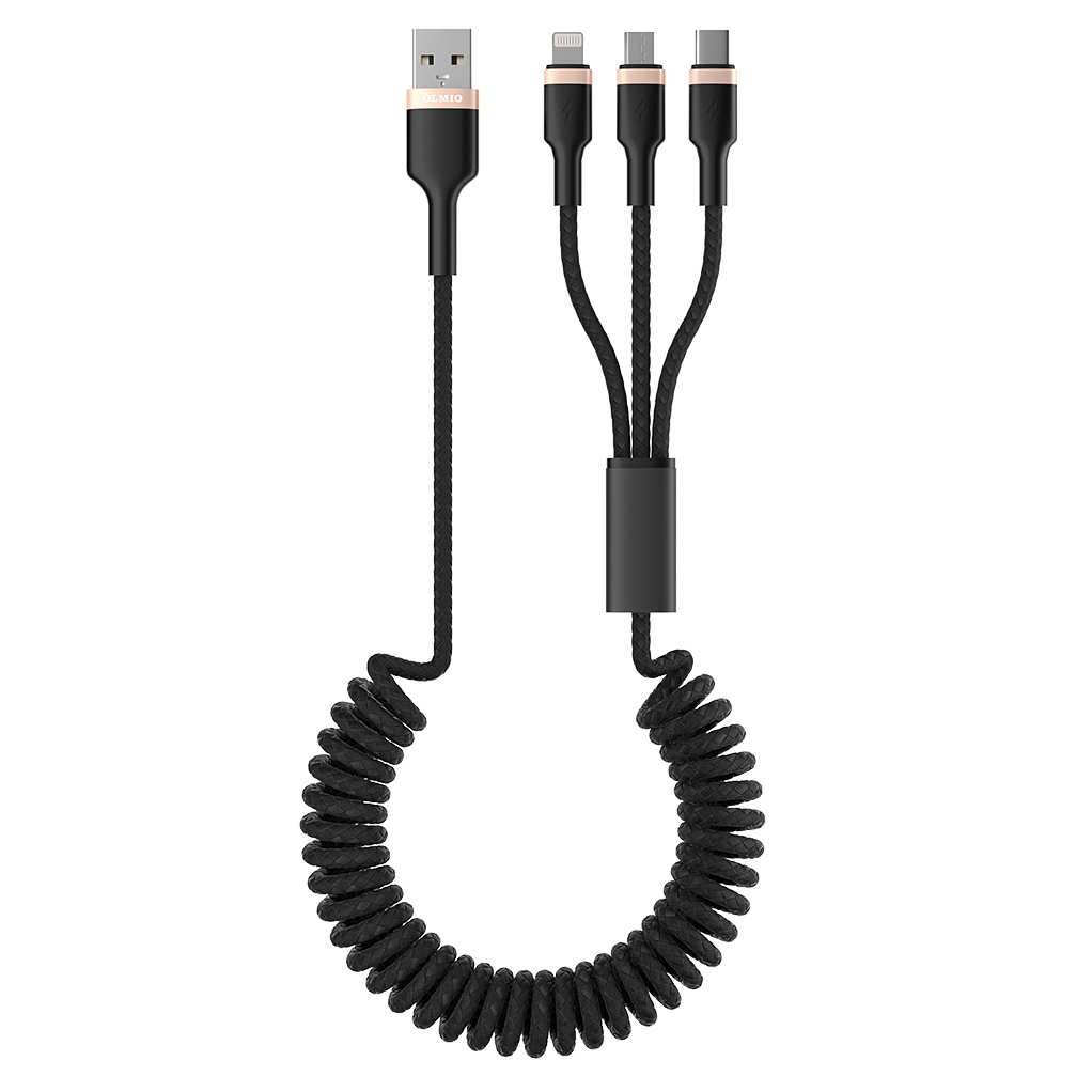 Кабель OLMIO SPRING, USB 2.0 - 3-в-1, microUSB/lightning/typeC, 1.5м, 3A
