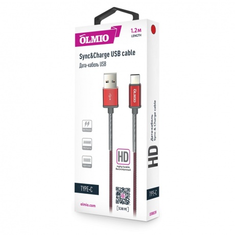 Кабель OLMIO HD, USB 2.0 - USB Type-C, 1.2м, 2.1A, красный - фото 2