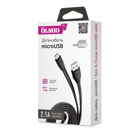 Кабель OLMIO USB 2.0 - microUSB, 1м, 2.1A, черный, плоский - фото 2