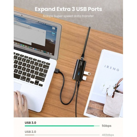 Адаптер сетевой UGREEN 20265 USB 3.0 Hub with Gigabit Ethernet Adapter Black - фото 14