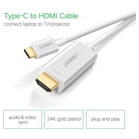 Кабель UGREEN MM121 (30841) USB Type C to HDMI Cable Male to Male ABS Case. 1,5 м. белый - фото 2