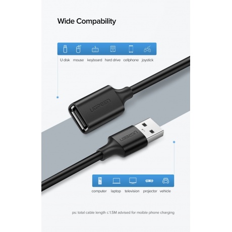 Кабель UGREEN US103 (10316) USB 2.0 A Male to A Female Cable. 2 м. черный - фото 11