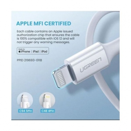 Кабель UGREEN US171 (10493) USB-C to Lightning Cable M/M Nickel Plating ABS Shell. 1 м. белый - фото 13