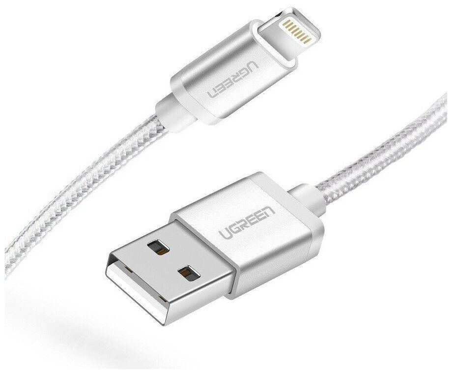 Кабель UGREEN US199 (60161) Lightning to USB-A 2.0 Cable. 1 м. серебристый mcdodo usb кабель для iphone lightning 14 13 12 11 pro max 8 7 6 plus ipad 2a быстрая зарядка usb кабель для передачи данных ios led шнур
