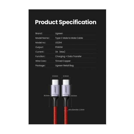 Кабель UGREEN US294 (60186) USB 2.0 Type C Male to Male Cable Aluminum Nickel Plating. 1 м. красный - фото 10