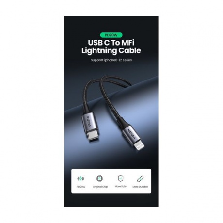 Кабель UGREEN US304 (60761) USB-C to Lightning M/M Cable Aluminum Shell Braided.  2 м. черный - фото 2