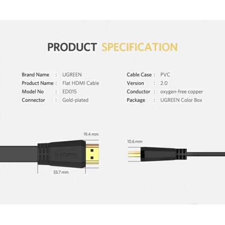 Кабель плоский UGREEN ED015 (70159) HDMI Flat Cable. 2 м. черный - фото 3
