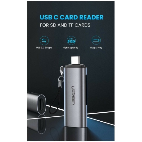 Кардридер UGREEN CM184 (50704) USB-C TF + SD Card Reader. серый - фото 9