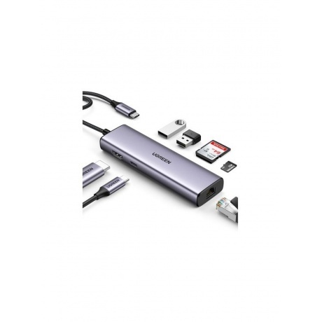

USB-концентратор UGREEN CM512 (90568) USB-C to 2*USB3.0+HDMI+RJ45+SD&TF +PD Port Converter. серый