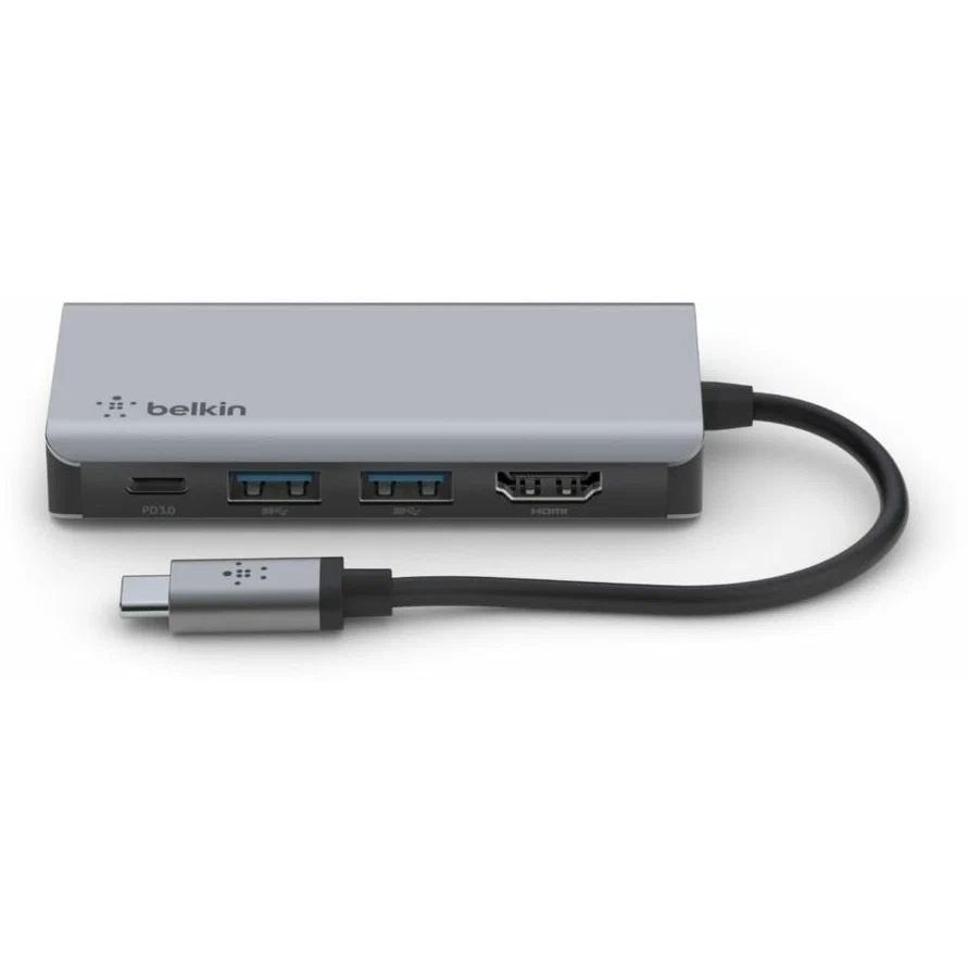 Адаптер Belkin 4в1 USB-C - HDMI, 2xUSB-A, USB-C, 100Вт, серый адаптер satechi usb c hybrid multiport adapter with ssd enclosure grey st uchsem