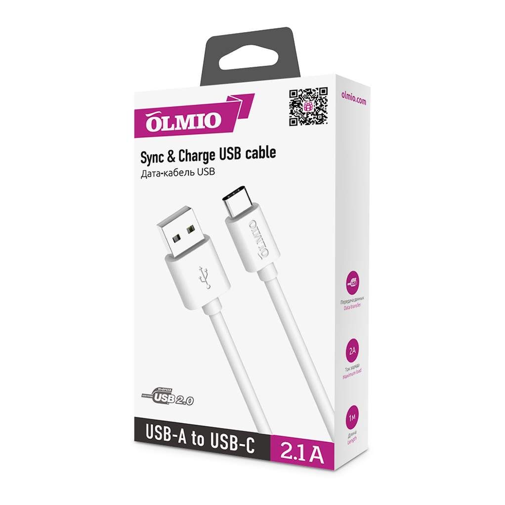 Кабель OLMIO USB 2.0 - USB type-C, 1м, белый - фото 1