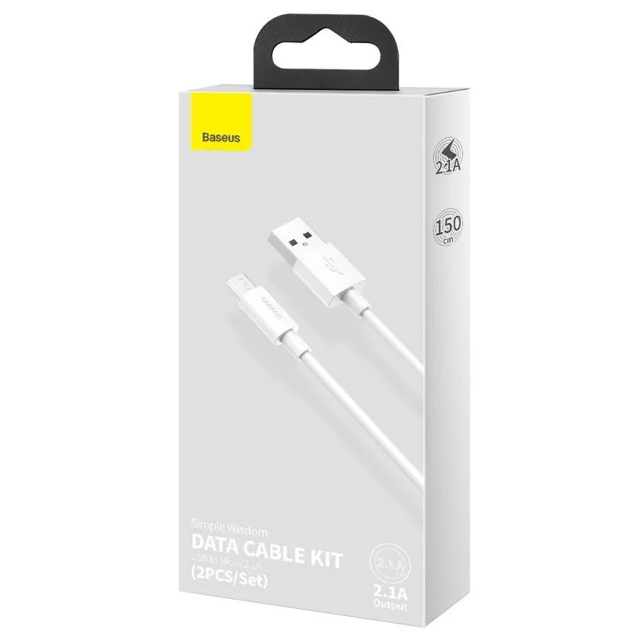 Дата-кабель Baseus Simple Wisdom Kit TZCAMZJ-02, USB - Micro-USB, 2.1A, 1.5m, белый, 2шт. (03334) кабель baseus simple wisdom kit tzcamzj 02 usb to microusb 1 5m 2шт white