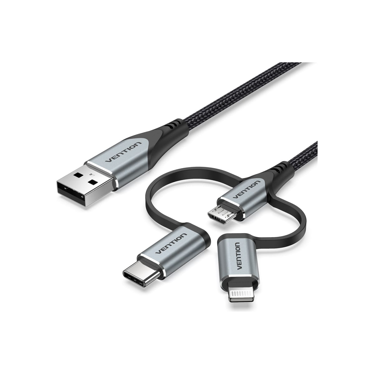 Кабель Vention 3 в 1 USB 2.0 AM/ Micro-B, USB-C, Lightning M - 1м. Черный (CQJHF)