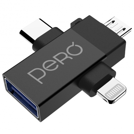 Адаптер PERO AD14 OTG LIGHTNING+USB-C+MICRO-USB TO USB 3.0, черный - фото 1