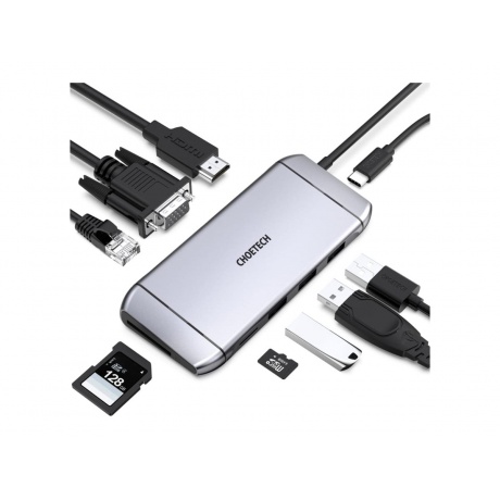 Хаб Choetech. USB-C концентратор 9-в-1, 1xRJ45, 1xVGA, 1xHDMI, 1xUSB-C, 1xTF, 1xSD, 3xUSB-A 3.0, 1xUSB-C PD, цвет серый (HUB-M15) - фото 2