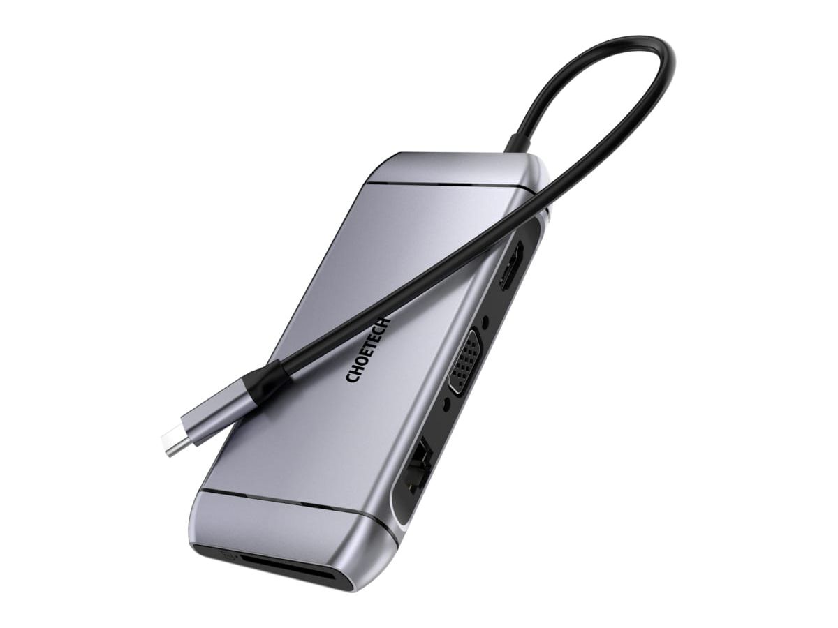 Хаб Choetech. USB-C концентратор 9-в-1, 1xRJ45, 1xVGA, 1xHDMI, 1xUSB-C, 1xTF, 1xSD, 3xUSB-A 3.0, 1xUSB-C PD, цвет серый (HUB-M15) usb концентратор 12 в 1 usb c адаптер с 4k hdmi vga интерфейсом thunderbolt 3 gigabit ethernet аудио sd tf для macbook док станции