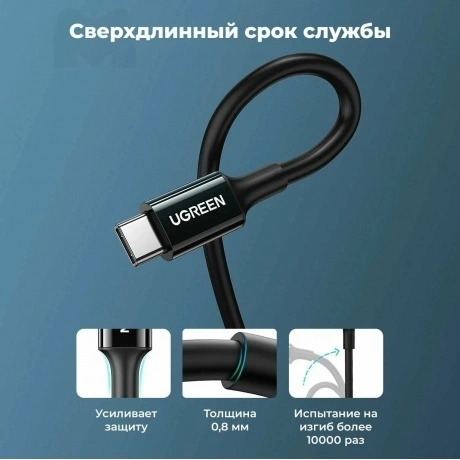 Кабель UGREEN Type-C Male to Type-C Male 2.0 ABS Shell 5A Current, длина 1м, цвет черный (80371) - фото 7
