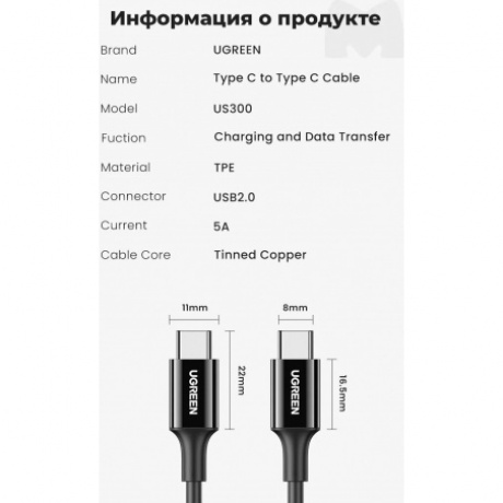 Кабель UGREEN Type-C Male to Type-C Male 2.0 ABS Shell 5A Current, длина 1м, цвет черный (80371) - фото 8
