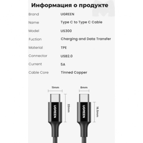 Кабель UGREEN Type-C Male to Type-C Male 2.0 ABS Shell 5A Current, длина 1м, цвет черный (80371) - фото 8