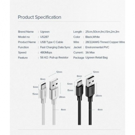 Кабель UGREEN USB A 2.0 - USB C, никелированное покрытие, цвет белый, 1 м (60121) - фото 2