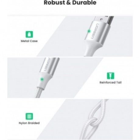 Кабель UGREEN USB A Male - USB C Male, 3A, 0.5м, в оплетке, белый (60130) - фото 2