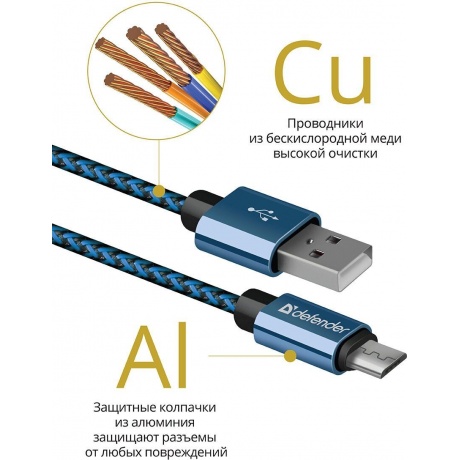 Кабель Defender USB2.0/MICRO-USB 1M BLUE (87805) - фото 5