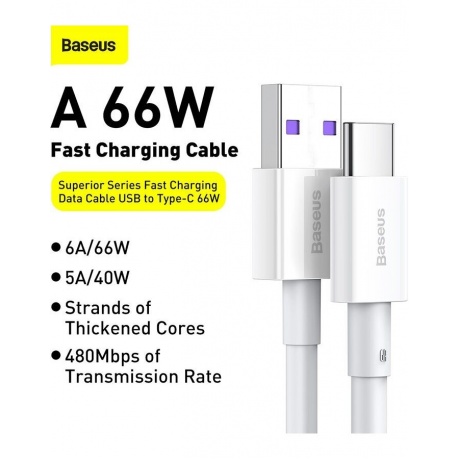 Кабель Baseus Superior Series Fast Charging Data Cable USB - Type-C 66W 1m White CATYS-02 - фото 18