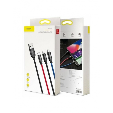 Кабель Baseus Three Primary Colors 3-in-1 Cable USB - Lightning / MicroUSB / Type-C 3.5A 30cm Black CAMLT-ASY01 - фото 12